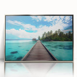 Mid-century modernist art of Maldivian scenery on acrylic, framed in silver, showcasing muted blue and green tones.