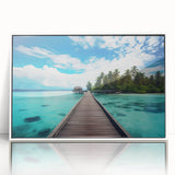 Framed acrylic print of a serene Maldives beach scene in pastel colors, suitable for modern art wall decor or a nursery.