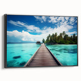 Black and white framed canvas of a Maldives landscape, ideal for bedroom wall decor.