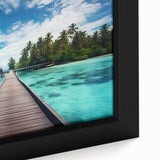 Extra large framed canvas featuring a black textured art scene of the Maldives with colorful accents.