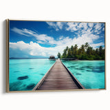 Framed canvas depicting a serene Maldivian landscape in muted blues and greens, ideal for bedroom wall art.