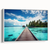 Framed canvas featuring a vintage poster art of Maldives scenery in vibrant colors, ideal for living room decor.