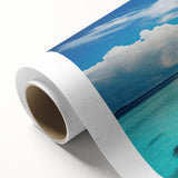 Art Deco style poster of a serene Maldivian landscape on rolled canvas, featuring soft blue and green tones.