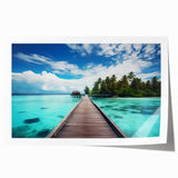 Extra large rolled print of Maldivian scenery with vibrant ocean blues and lush greens, suitable for art wall dining room.