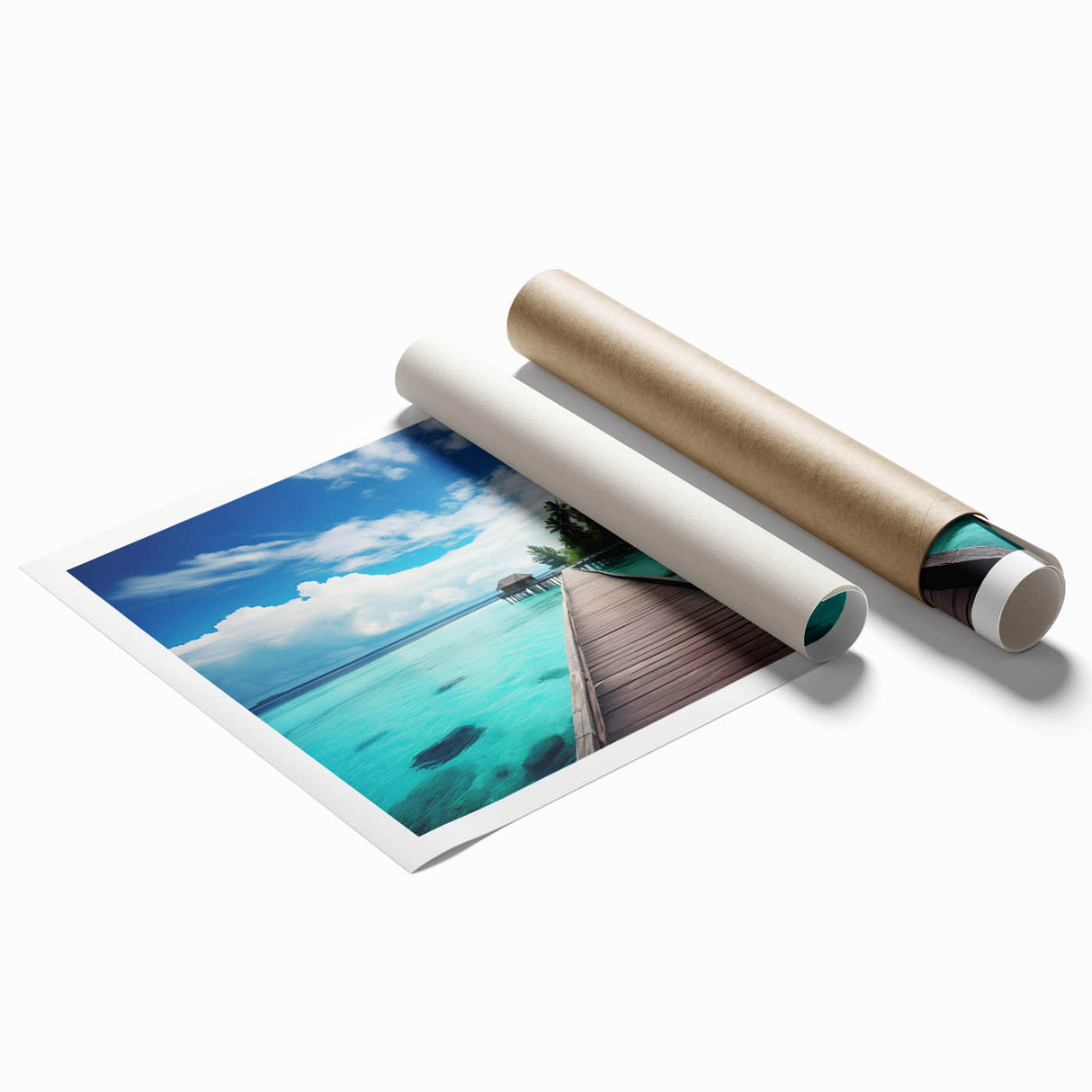 Extra large rolled print of a serene Maldivian beach with vibrant blue waters and lush greenery.