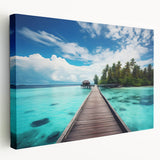 Panoramic view of the Maldives on stretched canvas, featuring serene blue and green tones, suitable for kitchen wall art.