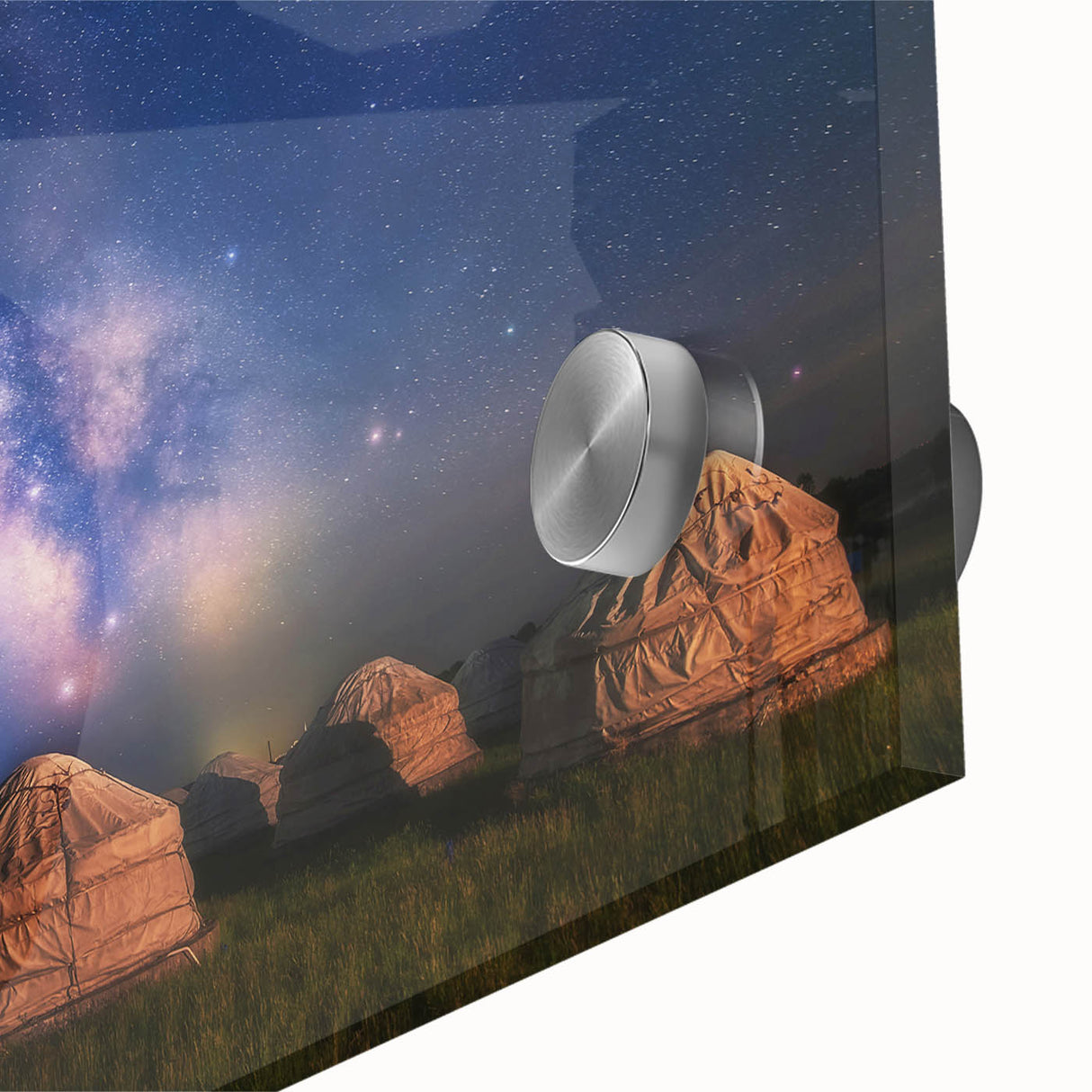 Large abstract wall art depicting a Mongolian landscape in muted earth tones on acrylic glass.