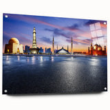 Large abstract wall art depicting a serene Pakistani landscape in muted greens and blues on acrylic glass.
