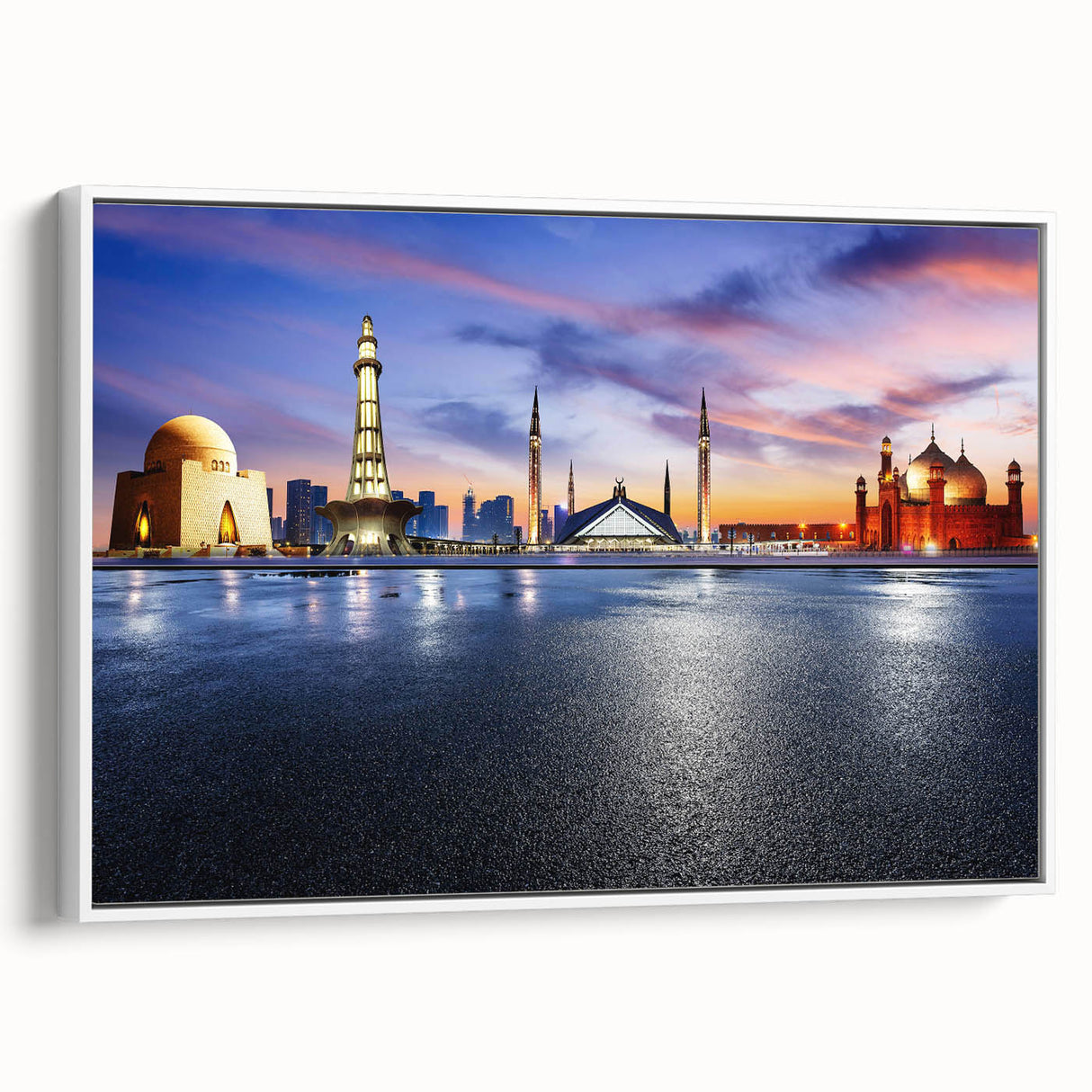 Vintage poster art of a Pakistani landscape in vibrant colors on a large framed canvas, ideal for living room decor.