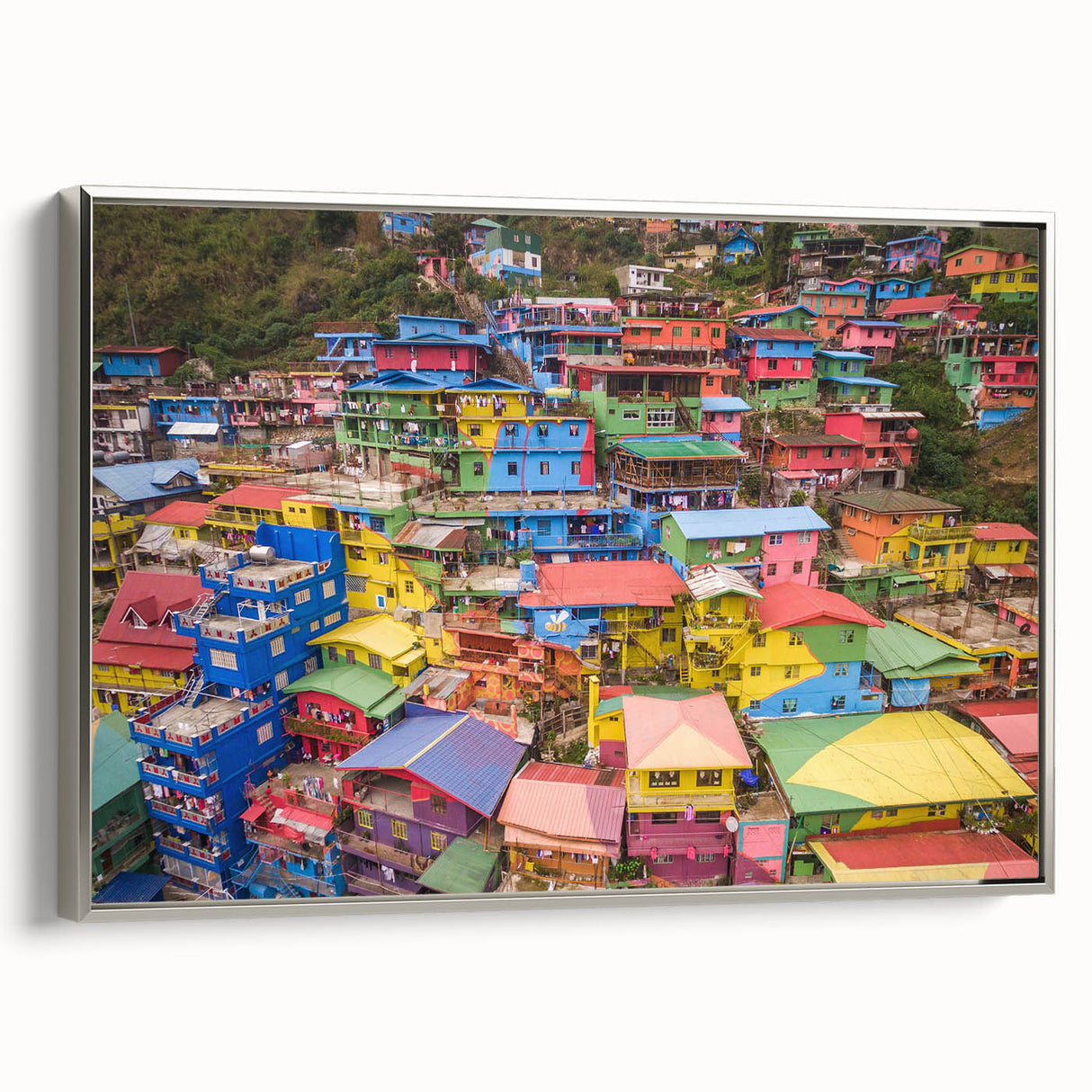 Landscape art painting of a Philippine scenery on framed canvas, blending colorful art with vintage poster elements.