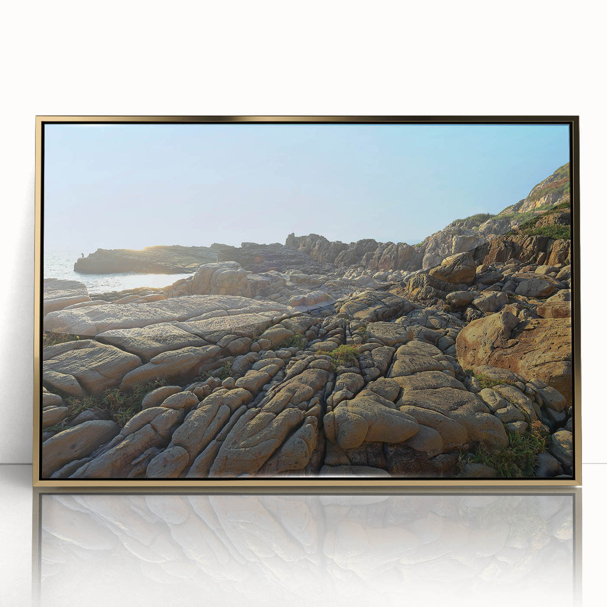 Framed acrylic print of a serene Taiwan landscape in muted earth tones, ideal for modern art wall decor.