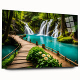 Large abstract wall art depicting a serene Thai landscape in muted green and blue tones, printed on acrylic glass.