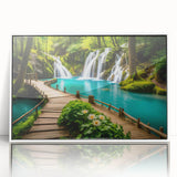 Art deco poster featuring a serene Thai landscape in muted green and blue tones, acrylic print in a white frame.