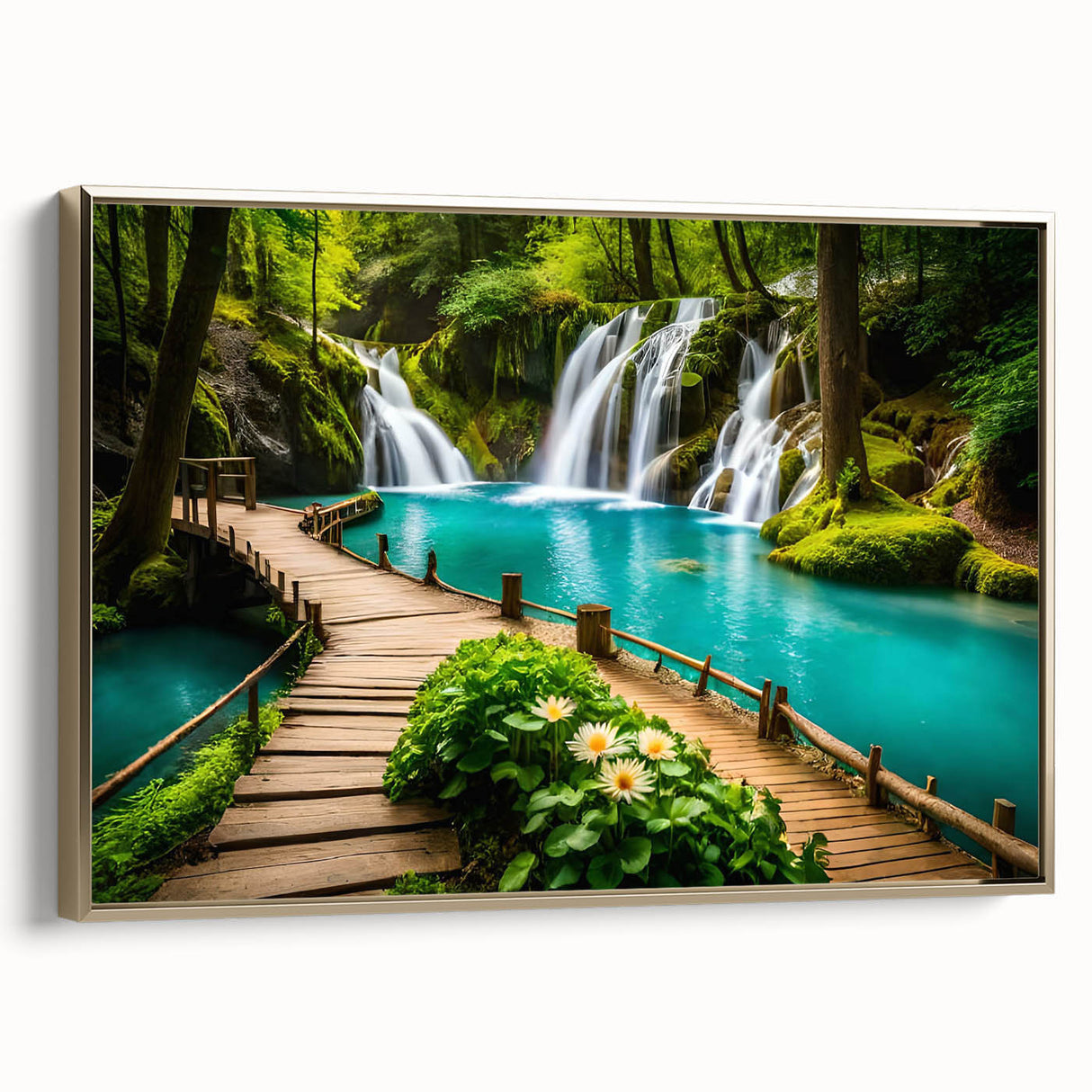 Framed canvas featuring a vintage-style landscape painting of a Thai scenery in black and gold tones.