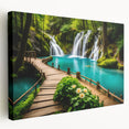Large art print of a tranquil Thai landscape on stretched canvas, featuring soft green and blue tones.