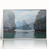 Acrylic print of a serene Vietnamese landscape in muted green and blue tones, framed in white.