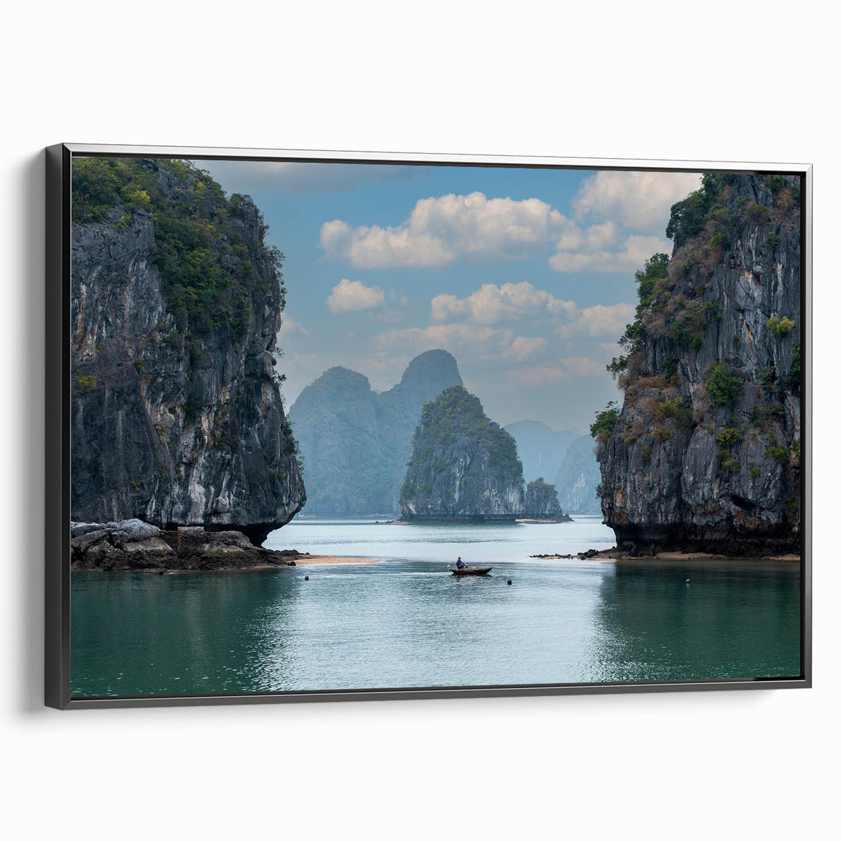Black and white landscape art painting of a Vietnamese scenery on framed canvas, suitable for bedroom wall decor.
