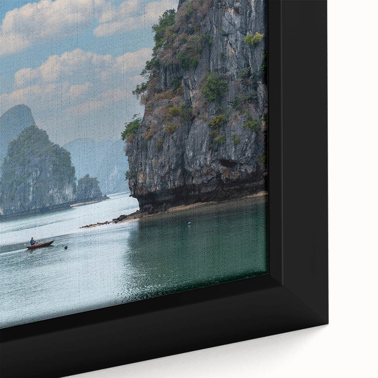 Extra large framed canvas of a textured, colorful Vietnamese landscape in black, ideal for living room decor.