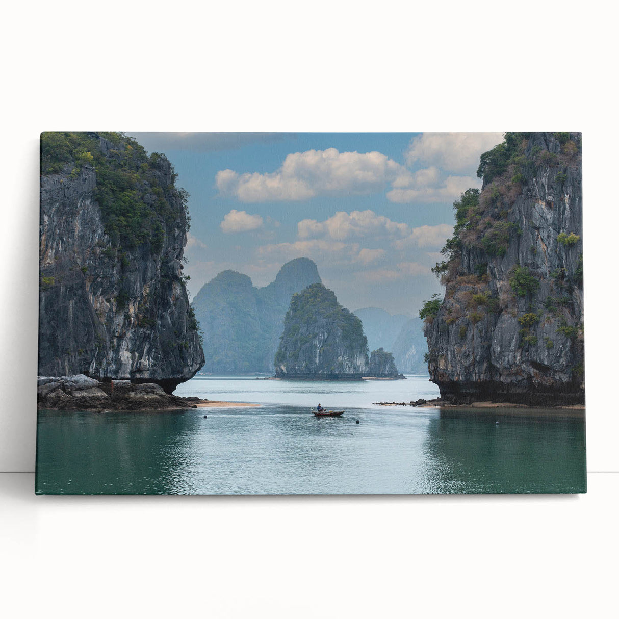Black and white photograph of a serene Vietnamese landscape on stretched canvas, ideal for kitchen wall art.