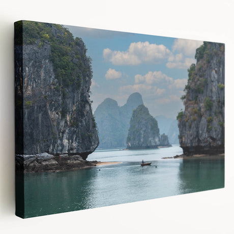 Large canvas print featuring a serene Vietnamese landscape in muted green and blue tones, ideal for kitchen wall art.