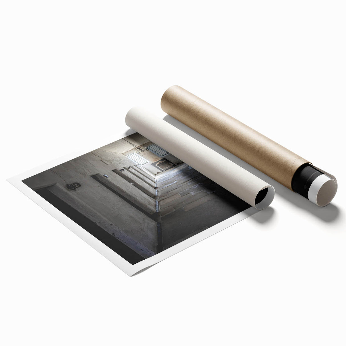Extra large rolled canvas print featuring a serene Tasmanian landscape with muted green and blue tones.
