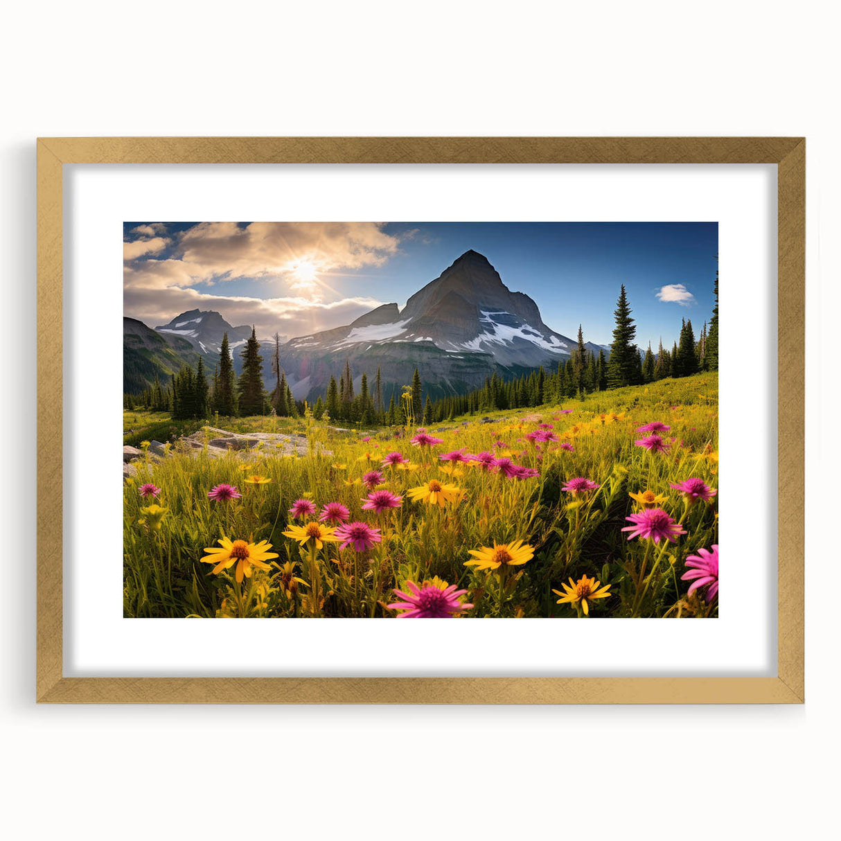 Extra large abstract art print of Alberta scenery in muted earth tones, framed in gold, suitable for living room decor.