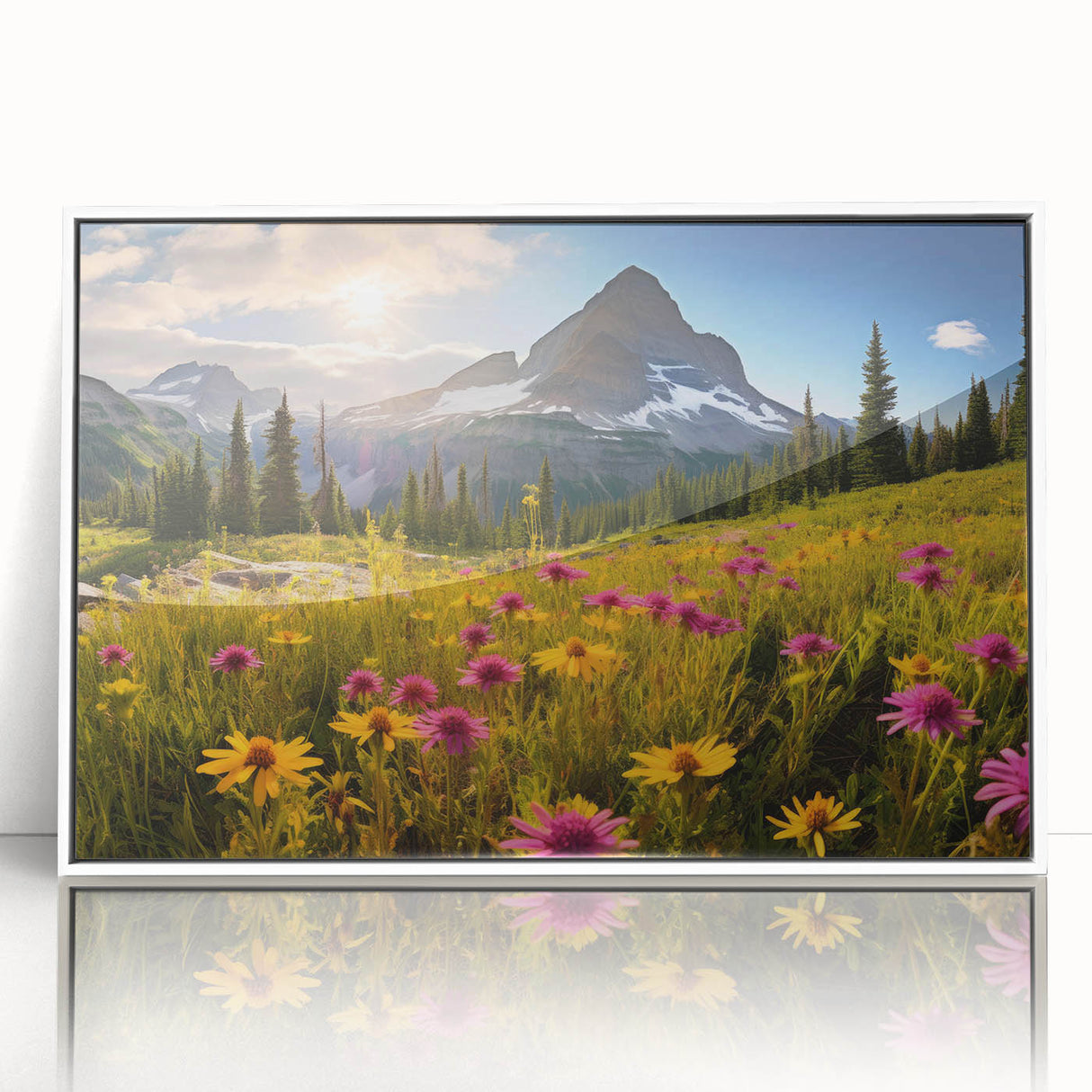 Acrylic print of Alberta, Canada scenery in art deco style with white frame, ideal for modern nursery wall art.