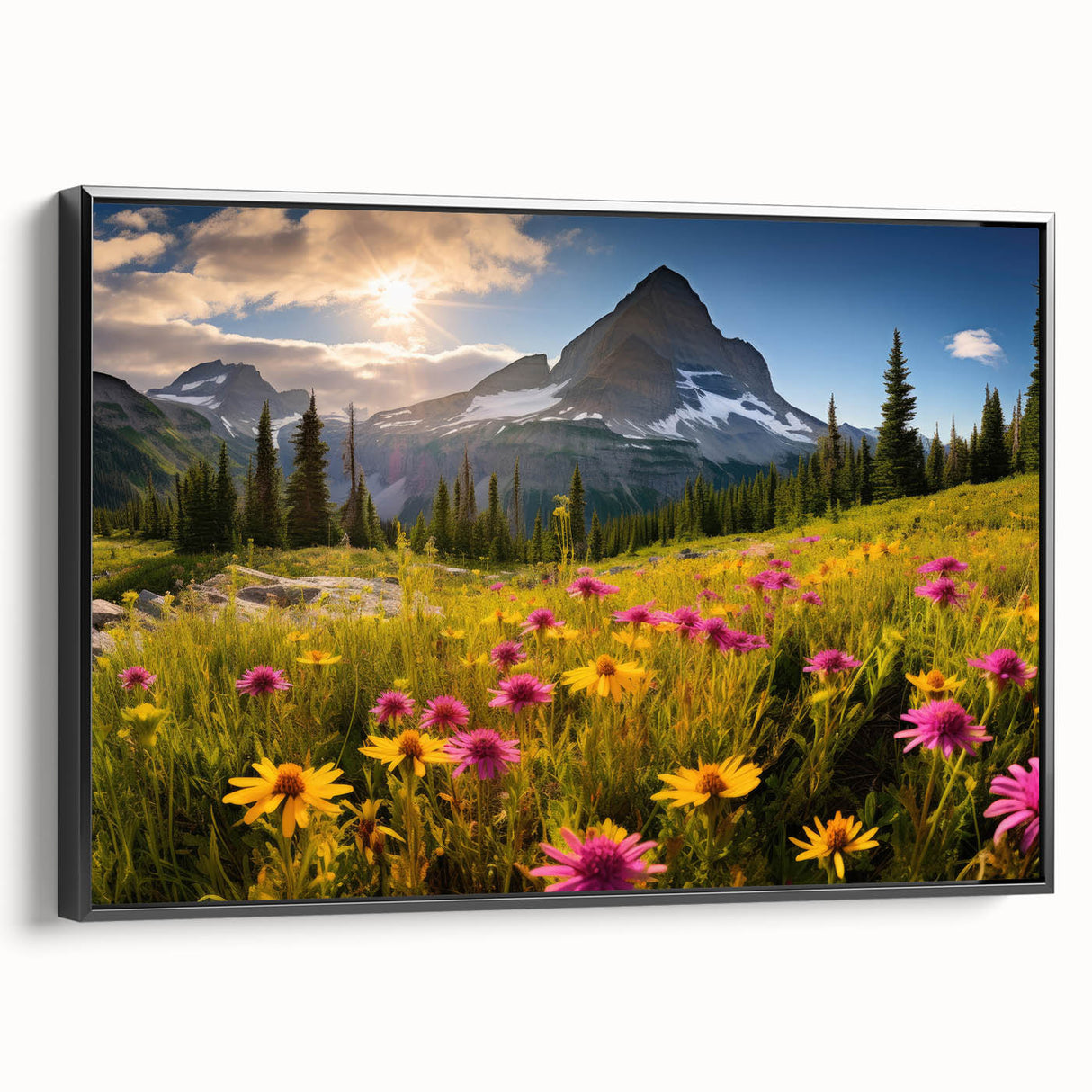 Black and white landscape art painting of Alberta, Canada on framed canvas, ideal for bedroom wall decor.
