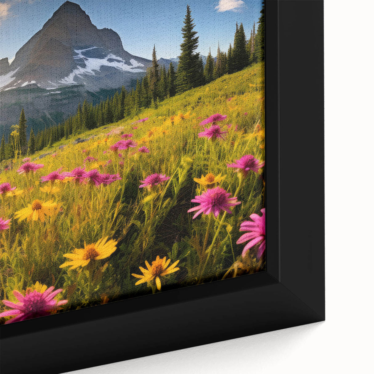 Textured black wall art featuring a vibrant Canadian Alberta landscape on a framed canvas, ideal for living room decor.