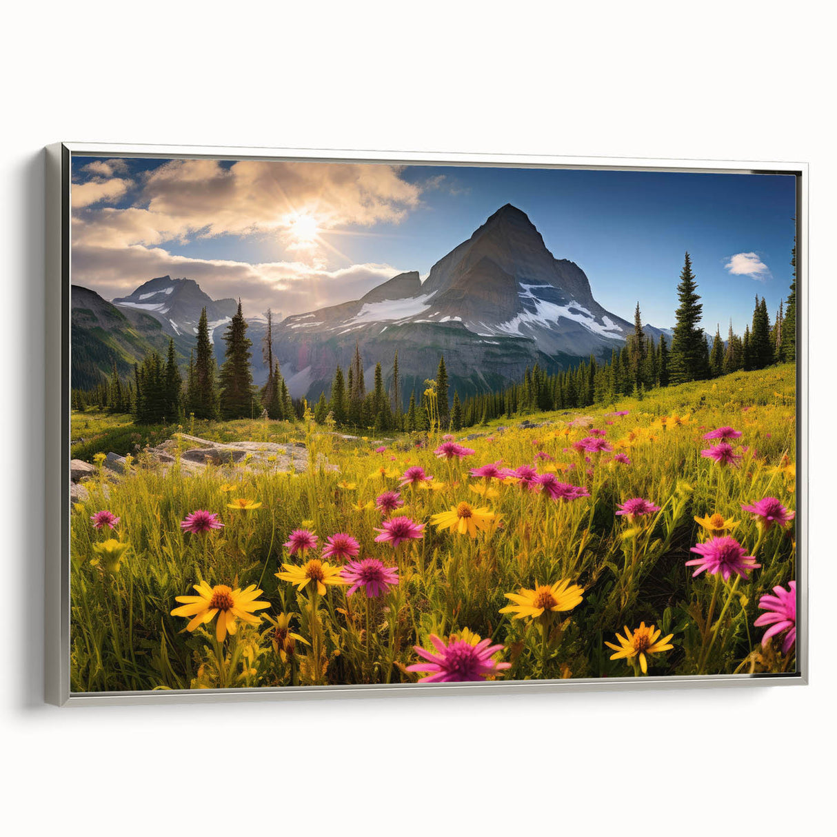 Landscape art painting of Alberta, Canada on framed canvas, featuring vibrant green and blue tones.