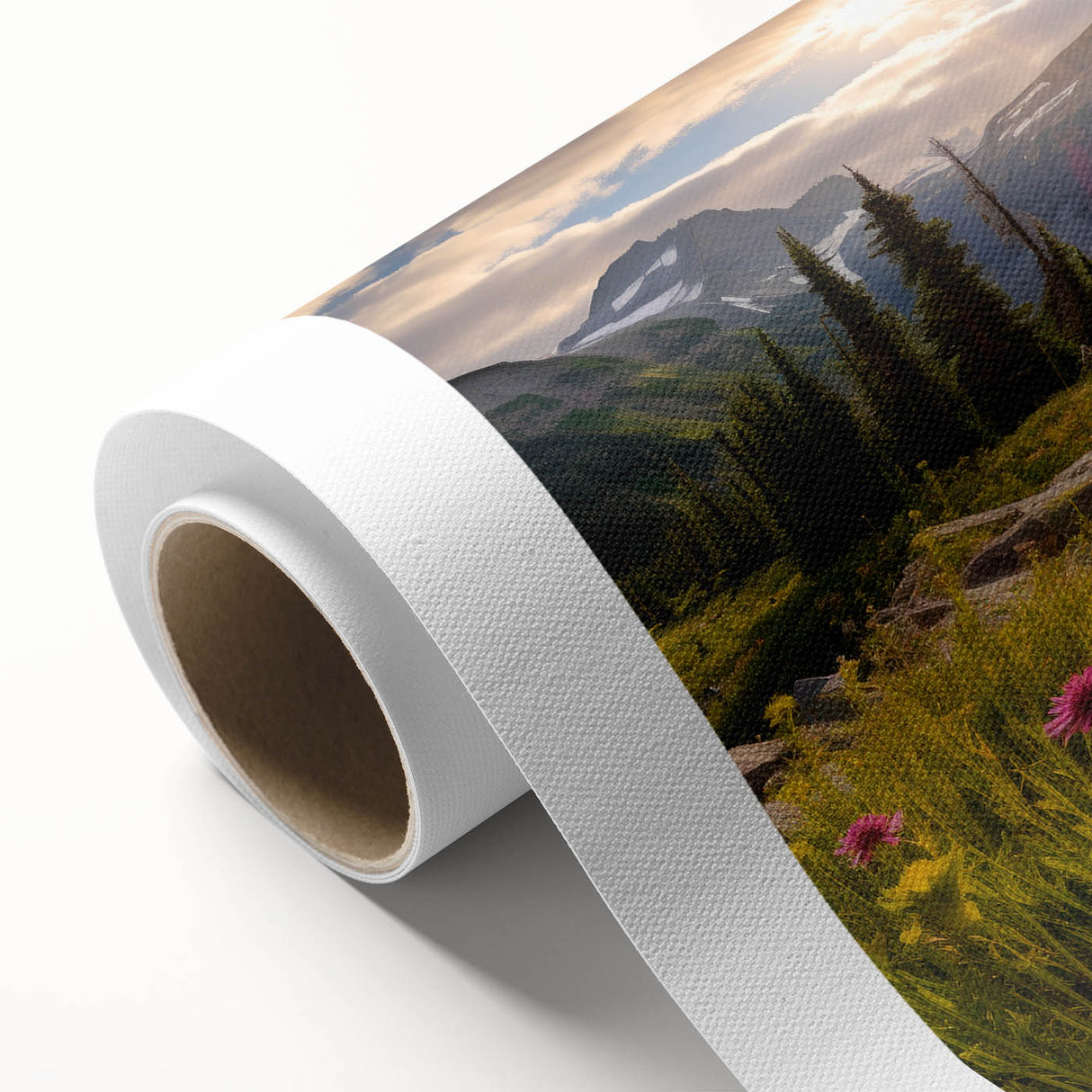 Art deco poster of Alberta, Canada scenery on rolled canvas, with soft pastel colors, suitable for nursery wall art.