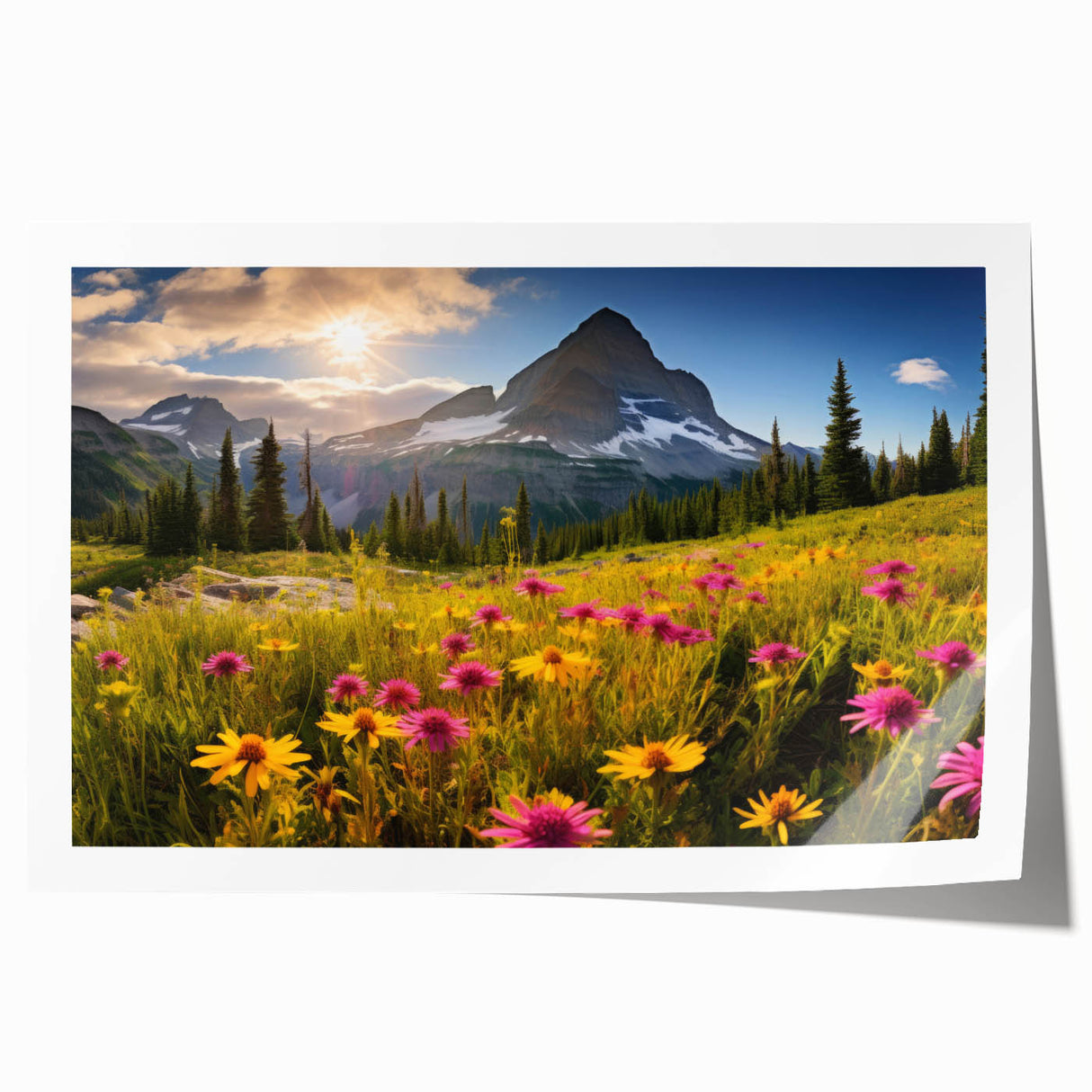 Scenic Alberta landscape on rolled print, featuring serene lake and mountain range in pastel shades.