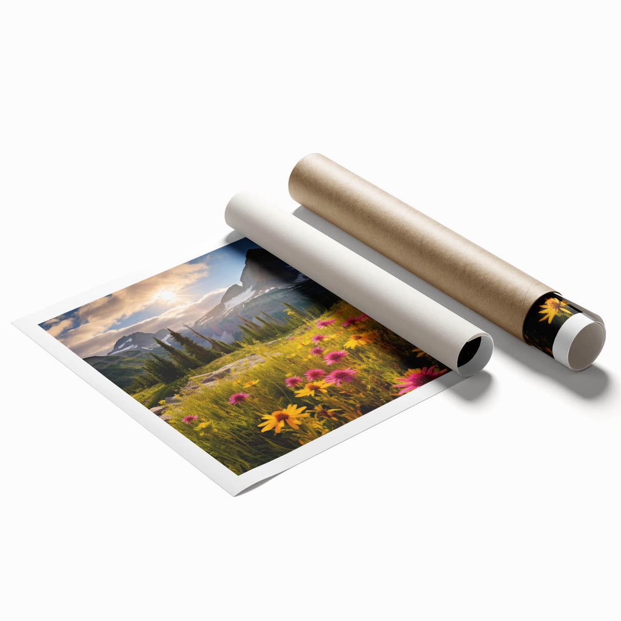 Extra large rolled print of Alberta, Canada scenery with floral motifs in soft colors, ideal for classy bathroom wall art.