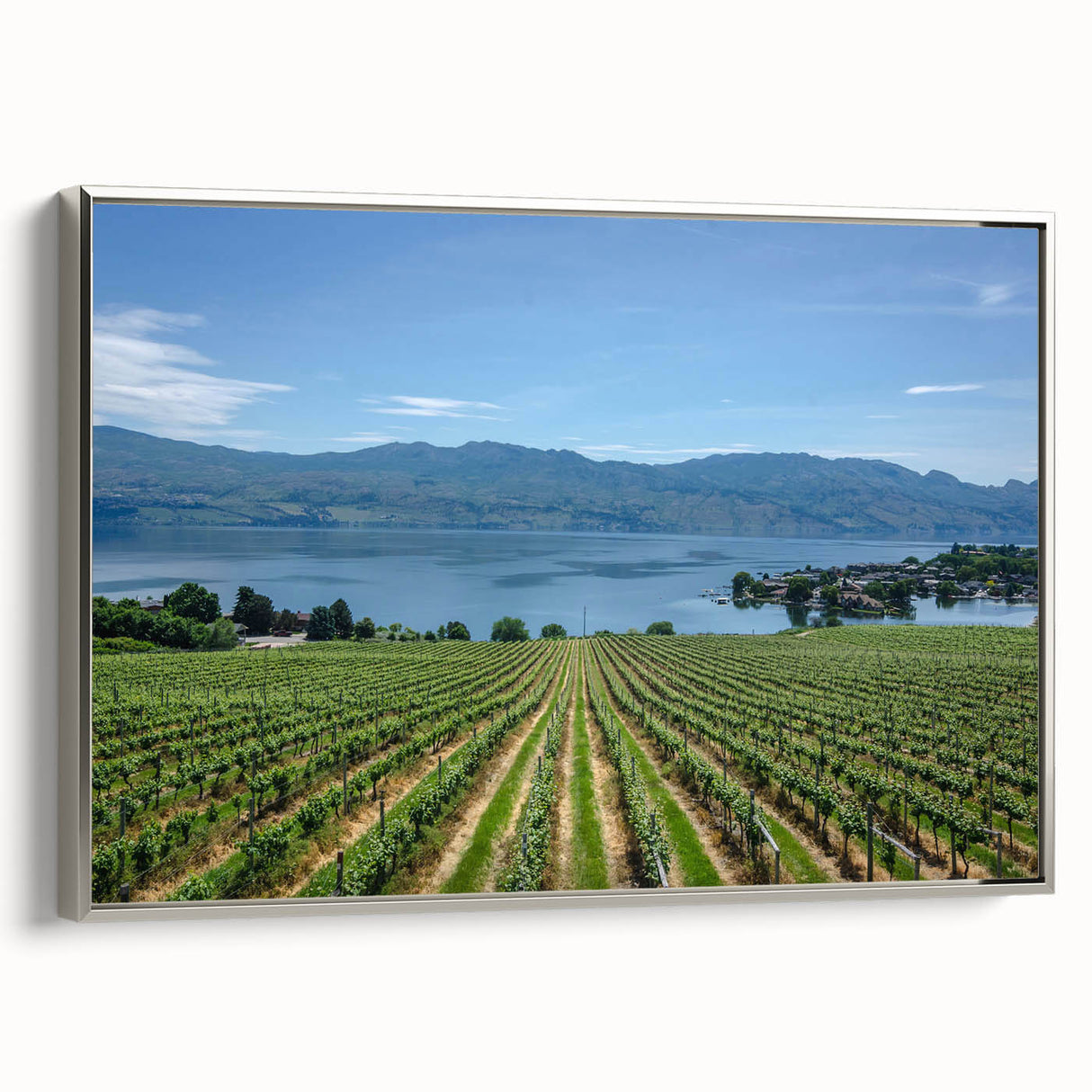 Framed canvas of a vintage-style landscape painting featuring a scenic view of British Columbia in a palette of black and…