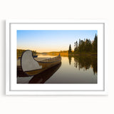 Abstract art print depicting a serene Quebec landscape in muted green and blue tones on a framed white mat.