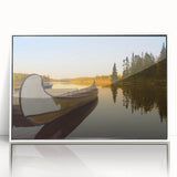 Art deco poster depicting Quebec scenery in muted blues and greens on a white framed acrylic.