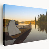 Scenic Quebec landscape on stretched canvas, featuring muted green and blue tones, ideal for kitchen wall art.