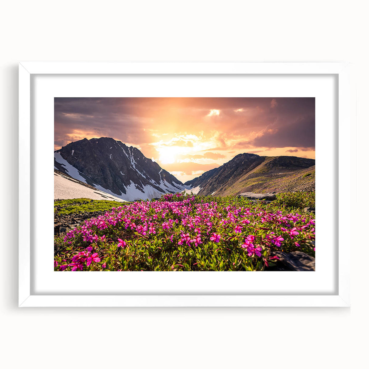 Abstract art print of Yukon scenery in muted green and blue tones, framed with a white mat, ideal for dining room decor.
