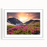 Abstract art print of Yukon scenery in muted green and blue tones, framed with a white mat, ideal for dining room decor.