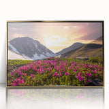 Large art print of a Yukon, Canada scenery in mid-century modernist style, framed in acrylic with gold tones.