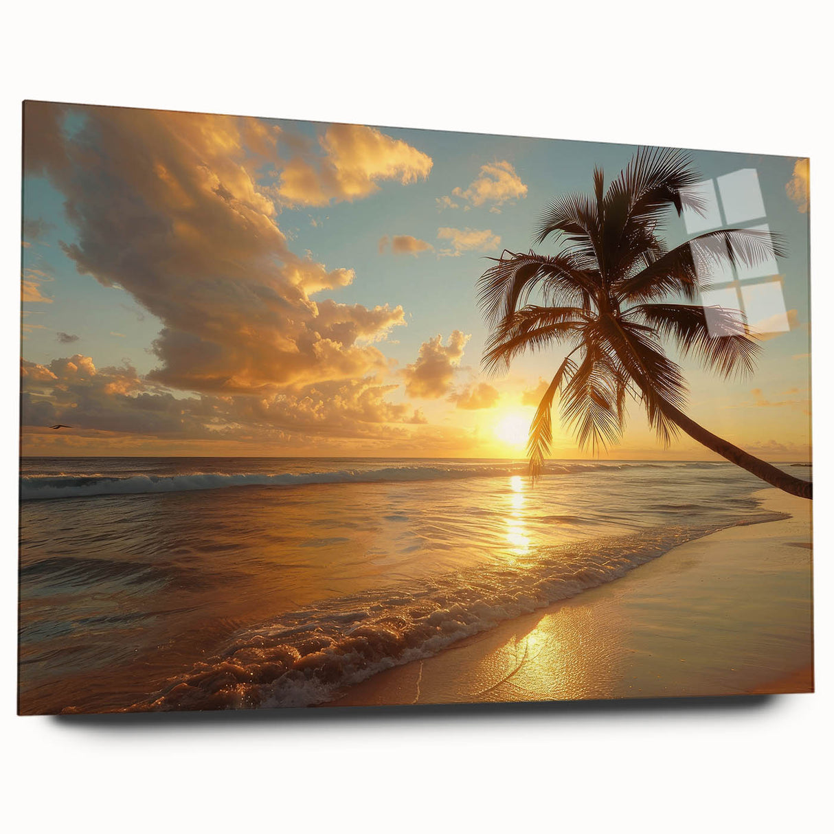 Large abstract wall art of Caribbean scenery in vibrant blues and greens on acrylic glass.