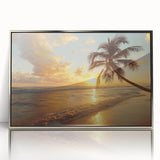 Mid-century modernist art depicting a Caribbean scenery in muted blue and green tones on a framed acrylic print.