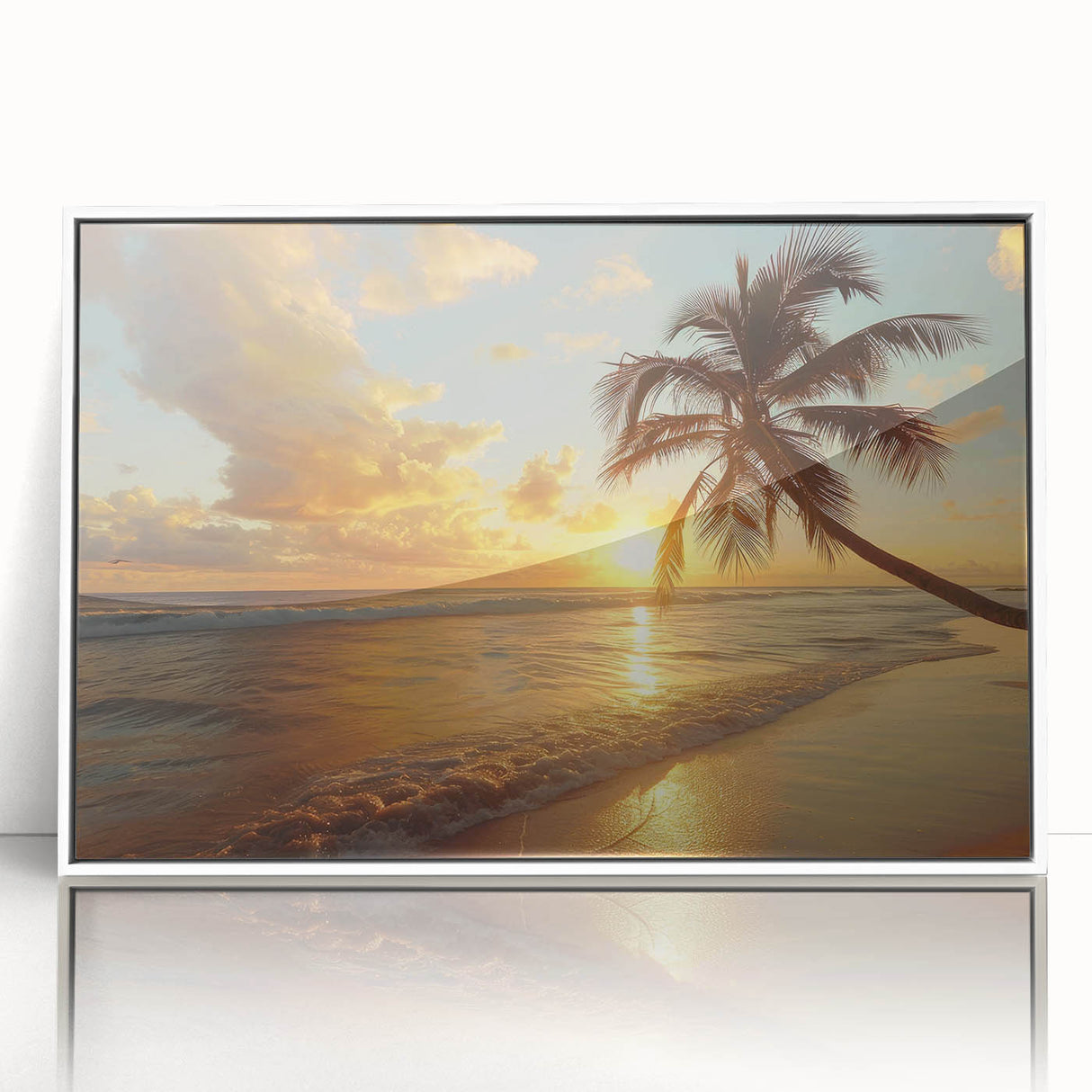Acrylic print of a Caribbean beach with bright blue and white tones, framed in white, suitable for modern nursery decor.
