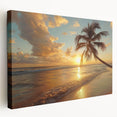 Tropical beach scene in vibrant blues and greens on a large stretched canvas, suitable for kitchen wall art.