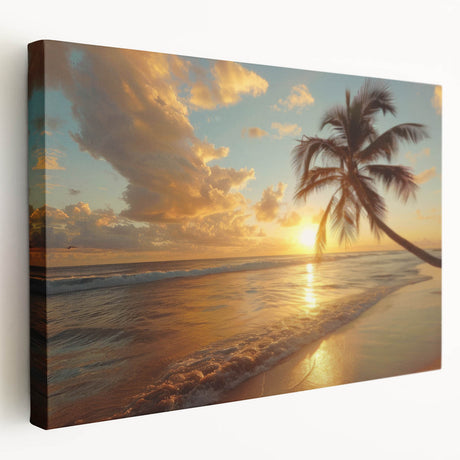 Tropical beach scene in vibrant blues and greens on a large stretched canvas, suitable for kitchen wall art.