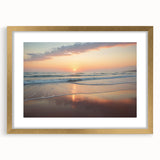 Abstract art print depicting a Caribbean scenery in vibrant blue and green hues on a framed gold mat.