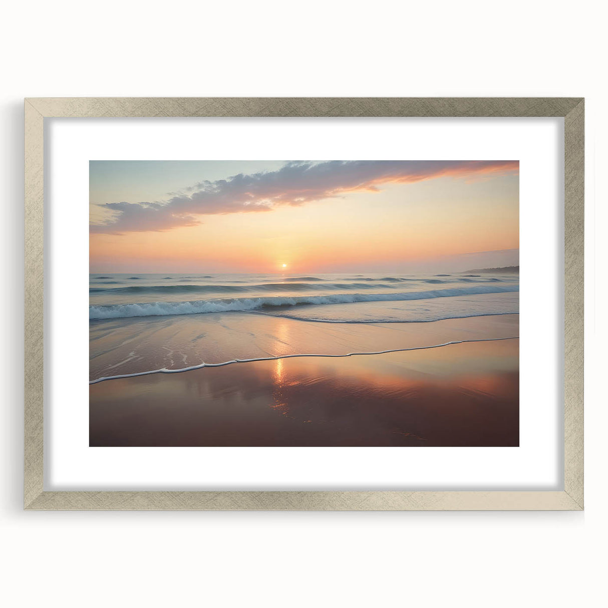 Extra large abstract art print depicting a textured Caribbean scene in muted blue and green tones, framed in silver.