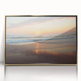 Art deco poster of Caribbean scenery on acrylic, framed in gold, featuring vibrant blue and green tones.