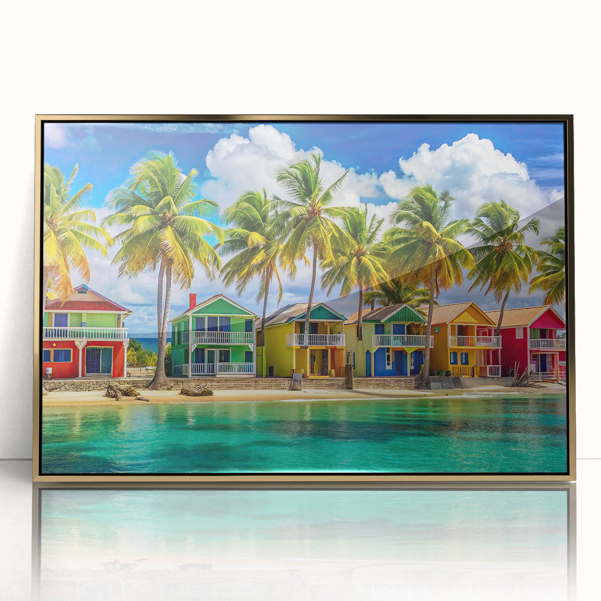 Mid-century modernist art depicting a Caribbean scene in vibrant blues and greens on a framed acrylic.