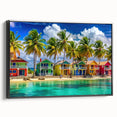 Black and white landscape art painting of Caribbean scenery on a framed canvas, suitable for bedroom wall decor.